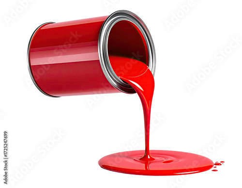 Red paint pouring from a can onto a surface