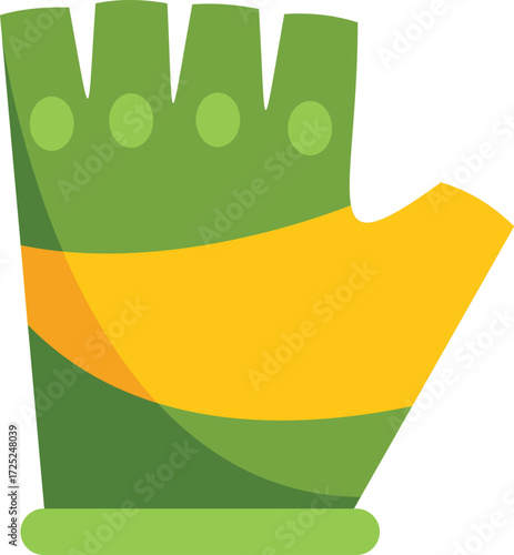 Green and yellow working glove protecting hand during manual work, flat vector illustration on white background