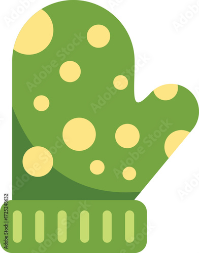 Green winter knitted mitten with yellow dots, for keeping hands warm in the cold weather