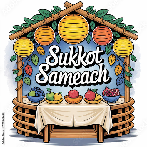 - Sukkah with fruits and lanterns cartoon illustration colorful Sukkot
