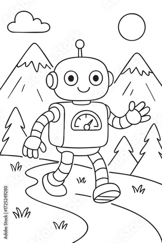 Robot in the Mountains - Coloring Page for Kids