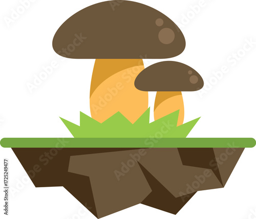 Two mushrooms are growing on a floating piece of land with grass and ground