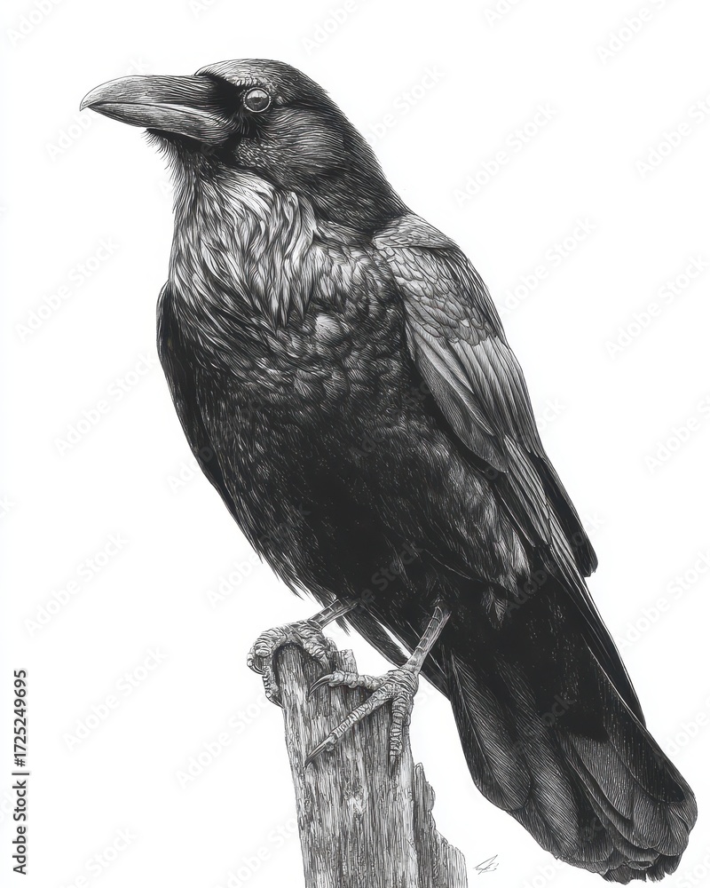 Fototapeta premium Elegant Crow Illustration. Side Profile Sketch of a Raven with Artistic Linework