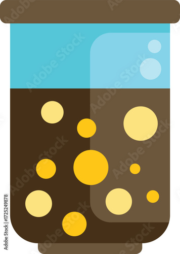 Glass beaker filled with bubbling brown and yellow chemical liquid, in flat design style