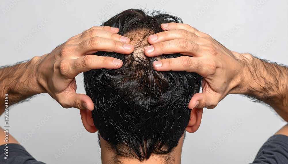 Naklejka premium Examining a Man's Thinning Hair from Behind, Dealing With Hair Loss Concerns, Addressing Male Pattern Baldness with a Close Look
