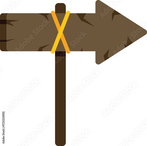 Simple wooden arrow sign pointing to the right, tied with yellow rope, isolated on a white background