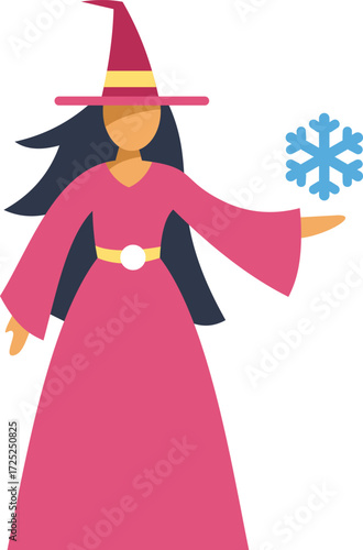 Illustration of a powerful enchantress conjuring a winter snowflake with her magic