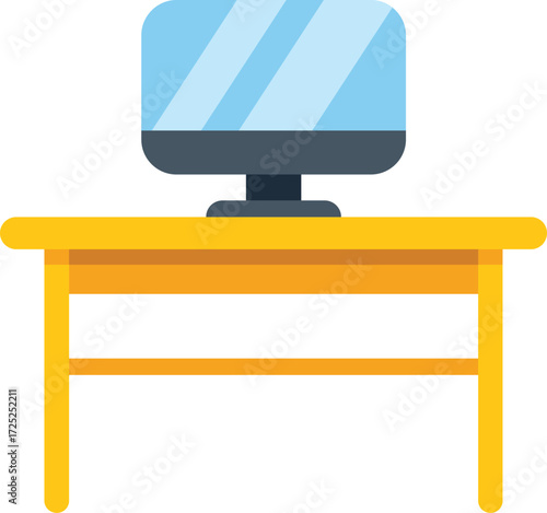 Computer monitor displaying information on wooden table, ideal for concepts related to workplace, technology, and office furniture