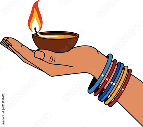 Traditional indian diya lamp held in woman's hand symbolizing diwali celebration and light vector