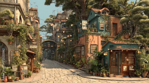 Enchanting European Inspired Village Scene with Cobblestone Streets and Lush Greenery