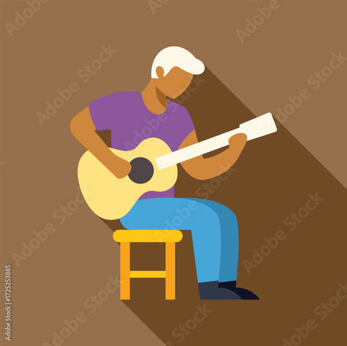 Guitarist playing an acoustic guitar sitting on a stool