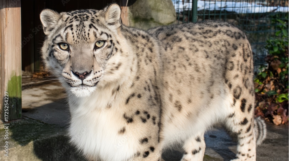 Fototapeta premium Snow leopard stands calmly in its habitat, showcasing its thick fur and distinctive markings while surrounded by natural scenery