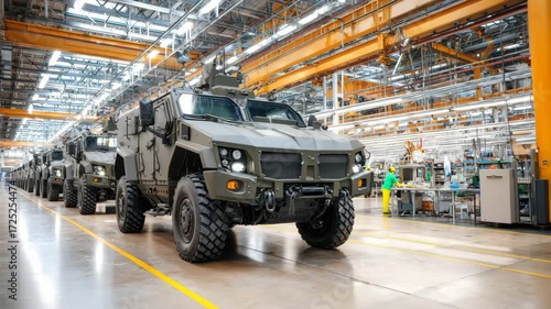 Armored vehicles are showcased in a high-tech military factory. The production process highlights advanced manufacturing techniques and assembly lines