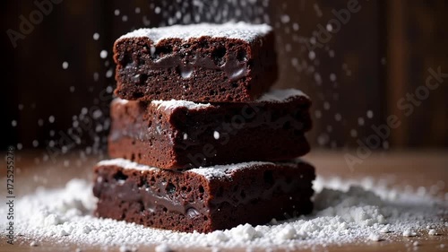 Delicious chocolate brownies stacked high getting dusted with powdered sugar in slow motion for mouthwatering dessert treat video