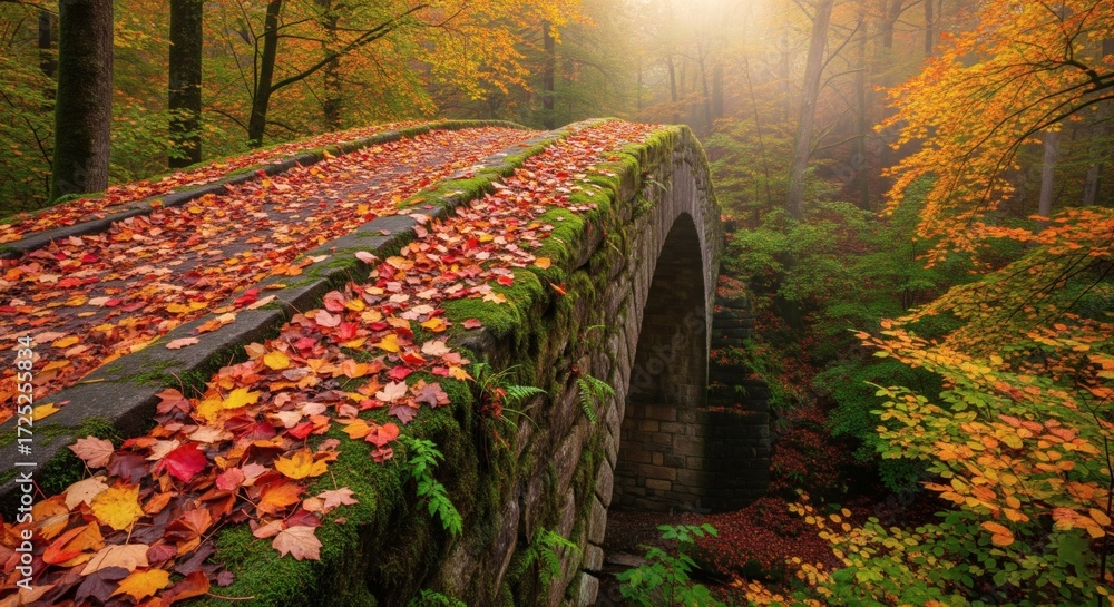 Fototapeta premium Atmospheric autumn forest scene featuring an old stone bridge covered with colorful fallen leaves and moss under soft sunlight and misty fog