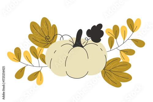A light beige pumpkin with a dark stem surrounded by autumn leaves