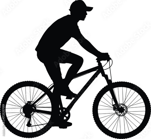 Silhouette of a person riding a mountain bike with a cap on a white backdrop