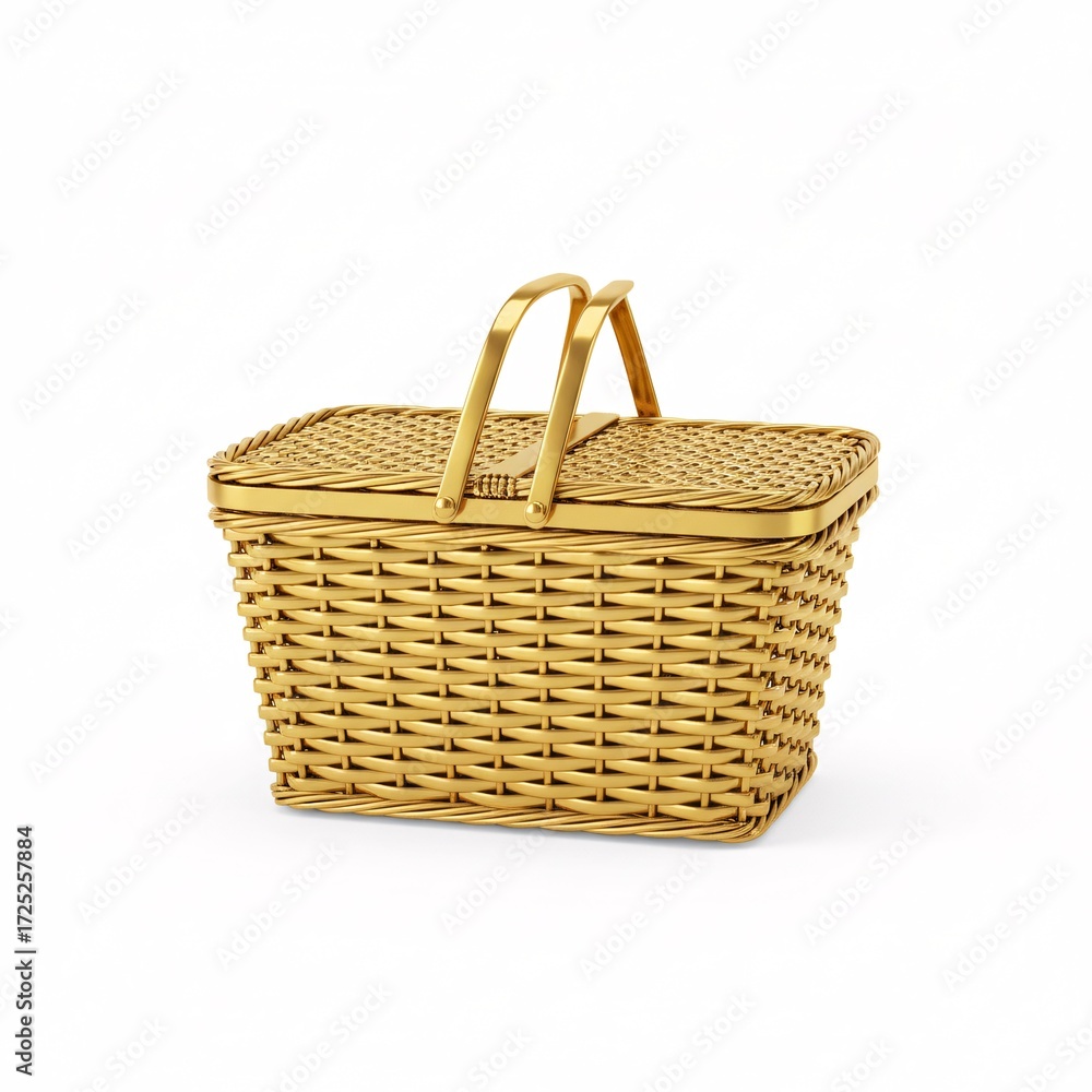 Obraz premium A golden woven picnic basket with a lid and a handle,