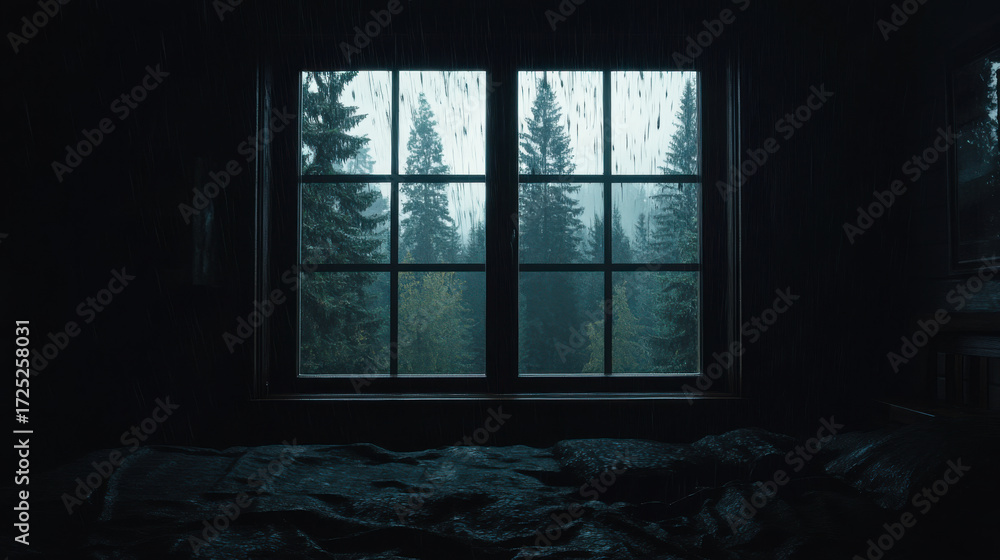 Fototapeta premium Rain pours down the window as dark clouds loom over a dense forest