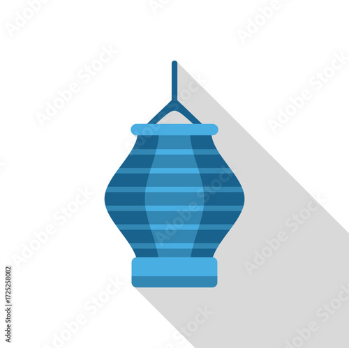 Blue chinese paper lantern hanging, creating a long shadow, ideal for asian celebrations and events