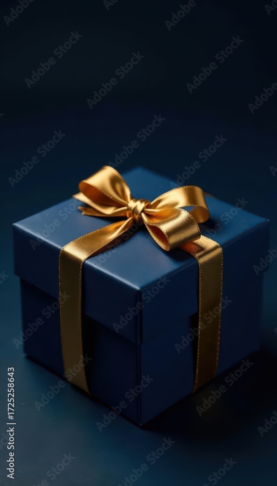 Obraz premium Elegant dark blue gift box with gold ribbon, dark background , occasion, holiday gift, texture