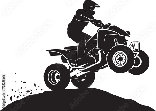 Dynamic quad bike rider silhouette performing an exciting jump on a dirt track