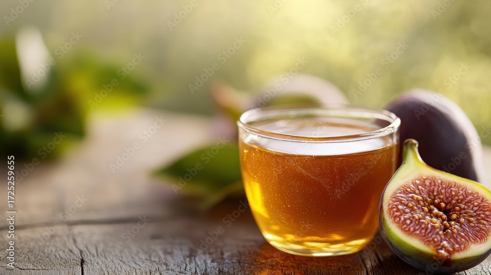 Fototapeta premium Golden drink with figs on a wooden table.