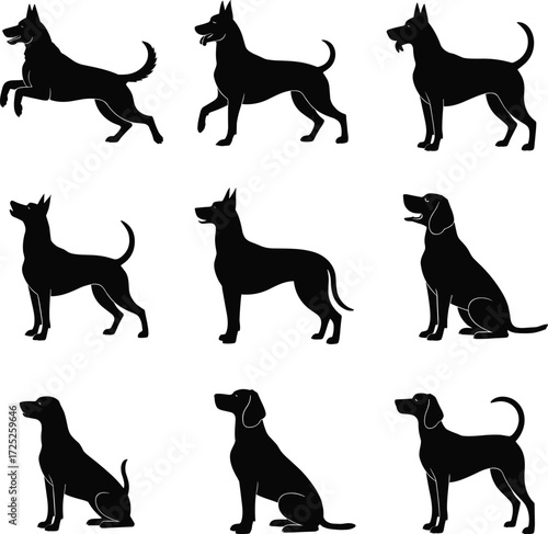 Collection of silhouetted dog breeds in various poses and actions captured in dynamic style