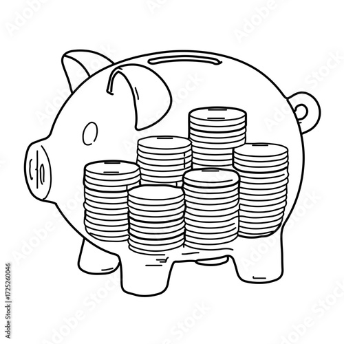 Transparent piggy bank full of coins black and white vector
