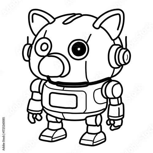 Futuristic robot piggy bank black and white line art