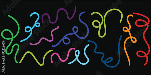 A vibrant and abstract collection of colorful, wavy, and curly lines on a black background, suggesting playful movement and creative expression in a modern, artistic style