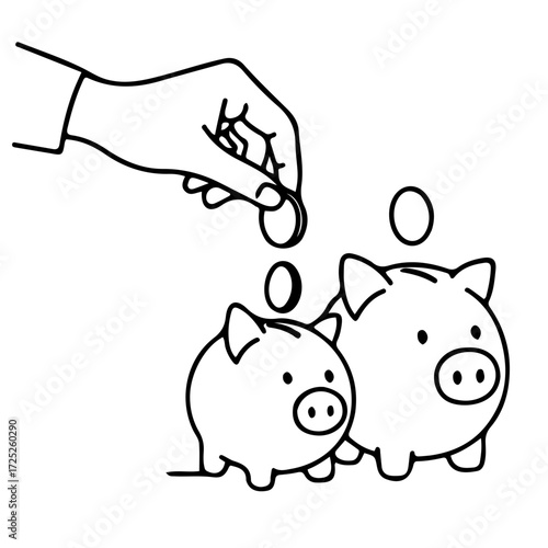 Hand inserting coin into piggy bank black and white outline