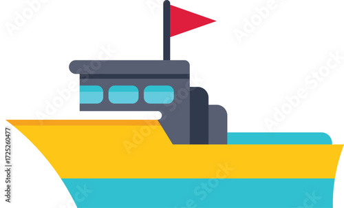 Small fishing boat sailing on the sea with red flag signaling, side view