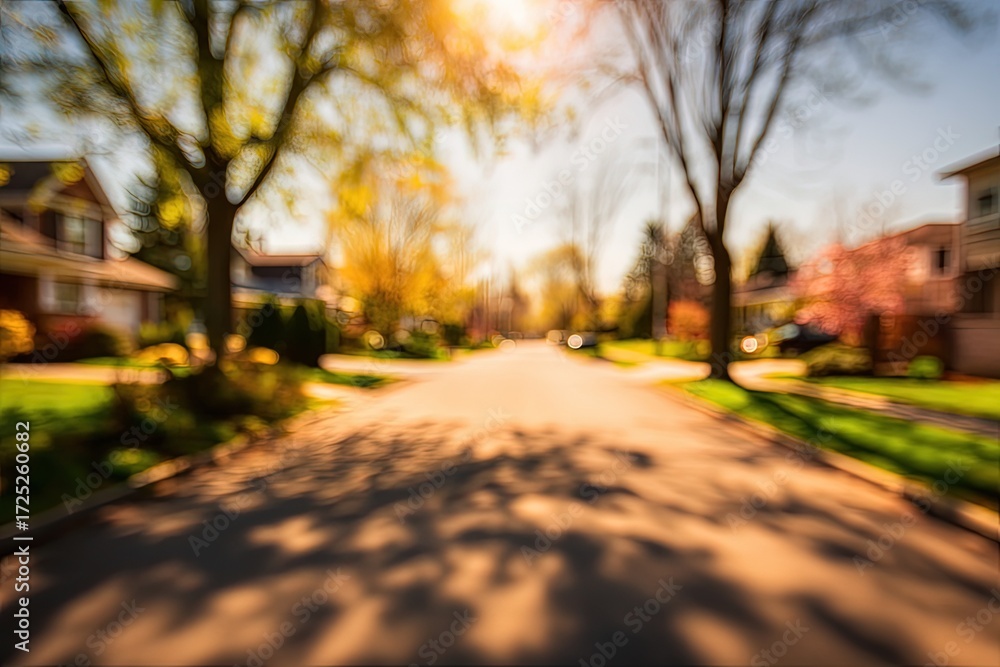 Naklejka premium Sunny Residential Street With Defocused Houses And Trees