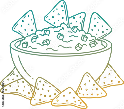 Hand drawn nacho chips and salsa dip illustration line art sketch mexican food snack party appetizer vector