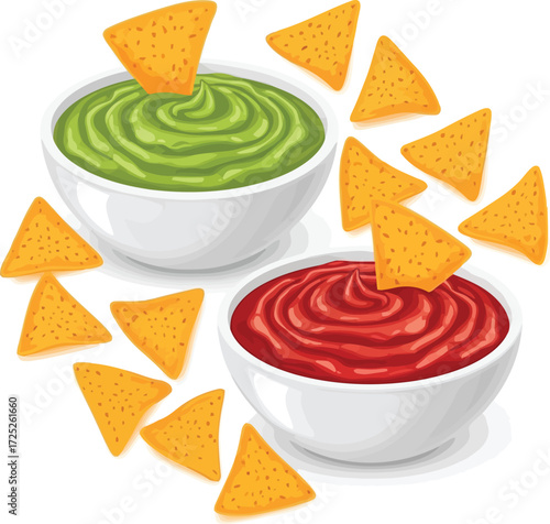 Delicious guacamole and salsa with tortilla chips appetizer platter ready for dipping vector