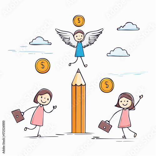 Angel investor helps women in business with a pencil rocket.