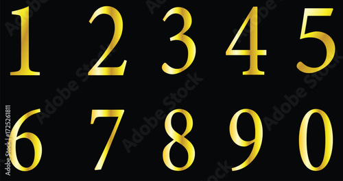 Golden numbers from 0 to 9 displayed in two rows on a black background, representing a complete set of digits for counting and mathematical operations