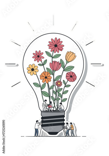 Teamwork Growing Floral Ideas in Lightbulb Vector Illustration