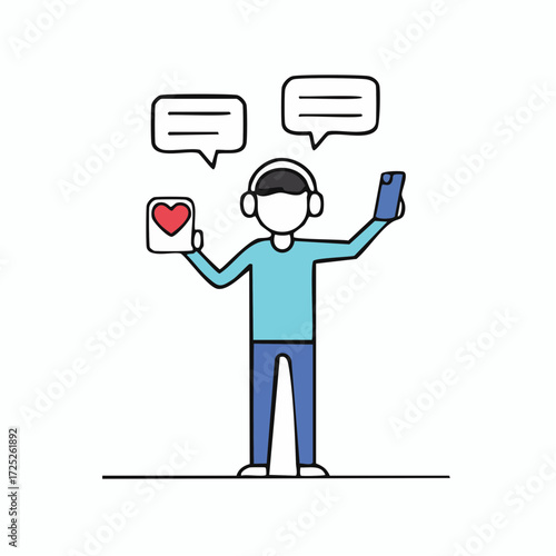 Person with headphones holding phone and tablet with heart icon.