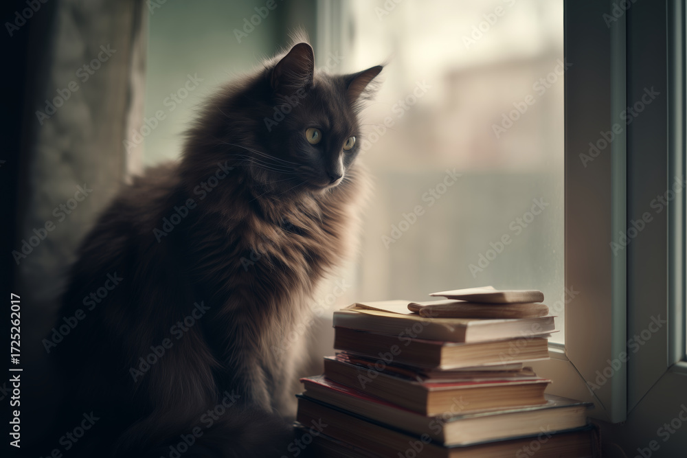 Fototapeta premium Soft fur and silent stories: a cat gazes from a windowsill with books
