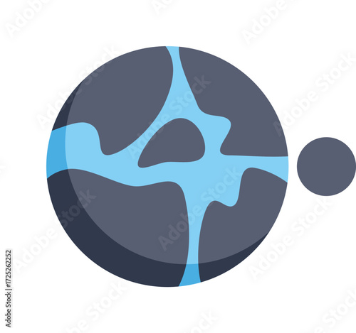 Dark exoplanet with light blue rivers and a small grey satellite is orbiting in space