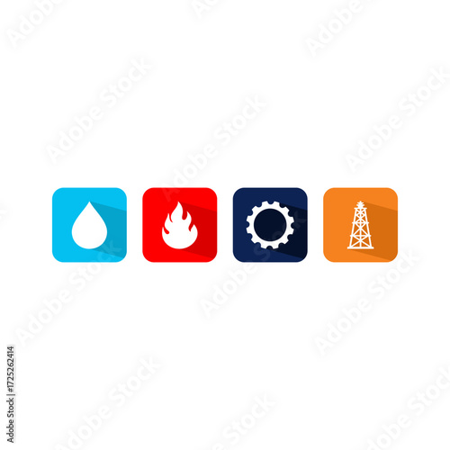 Four symbolic icons represent oil, gas, energy, and petroleum industry.