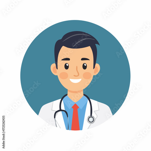 Illustration of a smiling doctor with a stethoscope wearing a white coat and red tie.
