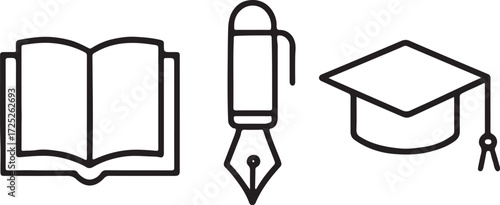 Education icons open book fountain pen and graduation cap