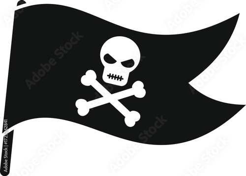 Waving black pirate flag with skull and crossbones jolly roger symbol isolated on white background