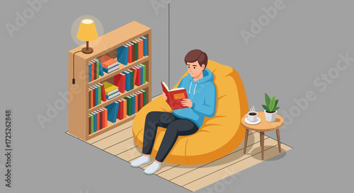 Man reading a book in a cozy room with a bookshelf and a beanbag chair.