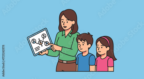 A female teacher explains a complex diagram on a digital tablet to a young boy and girl, illustrating an educational concept.