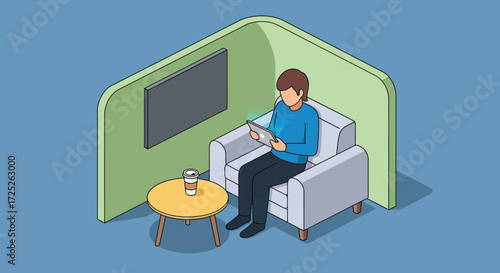 Isometric illustration of a person using a tablet in a lounge area with a TV and coffee table.