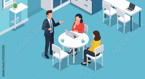 Business meeting in an office setting, isometric view.